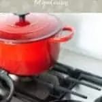 gas stovetop. In the background on the back burner is a red cast iron pot. On the front burner is a frying pan. In it is a pancake cooking. Text overlay that says what does putting weight loss on the back burner mean feel good eating.