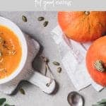Purple background with text overlay that reads: what to do when people push food on you. feel good eating. Image of orange pumpkins and a bowl of pumpkin soup on a table. Second bowl of pumpkin soup in hands being offered.