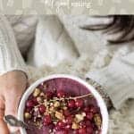 Olive background with text overlay that reads diet culture and diet mentality feel good eating with image of woman sitting and eating an acai bowl