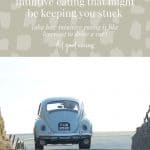 Light blue VW beetle driving on a road. The ocean is in the horizon. Olive background with text overlay that reads: The common misconception about Intuitive Eating that might be keeping you stuck (and how intuitive eating is like learning to drive a car) feel good eating