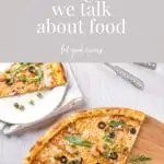 Purple background with text overlay that reads "shifting how we talk about food" feel good eating with image of a table top with a large pizza with olives, rocket, cheese, chicken and capers. There is a piece missing and is on a plate in the background