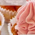 Extreme close-up of a cupcake with swirly pink icing. Text overlay reads: feeling out of control with food if you quit dieting is not your destiny. feel good eating