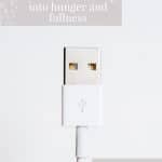 USB connection cable on white background. Text overlay reads: the step that has to come before tuning into hunger and fullness. feel good eating