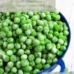 Navy blue colander filled with frozen peas with text overlay that reads Convenience Food And Processed Food: Valuable Sources Of Nutrition. Feel Good Eating