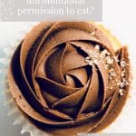 Single vanilla cupcake with swirls of chocolate frosting on a white background. In the top left corner is a Purple background with text overlay that reads: what is unconditional permission to eat? feel good eating