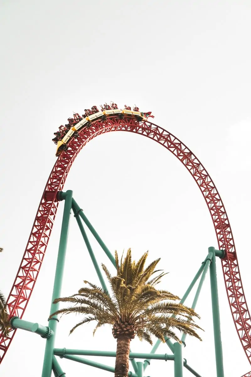 The peak of a rollercoaster. The carriage is at the top about to zoom downwards